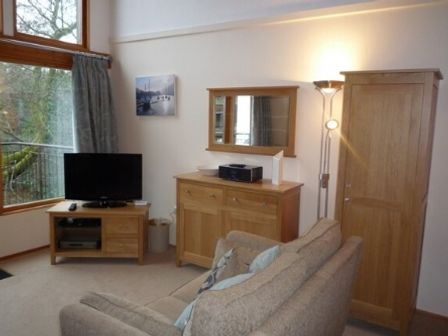 A living room with a sofa television wooden cabinet mirror and floor lamp at 21 Keswick Bridge in Keswick