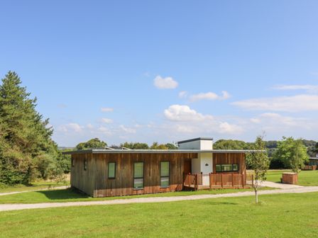 A modern single-story wooden house with windows and a small fenced porch on a grassy lawn with trees in the background at Maple in Truro
