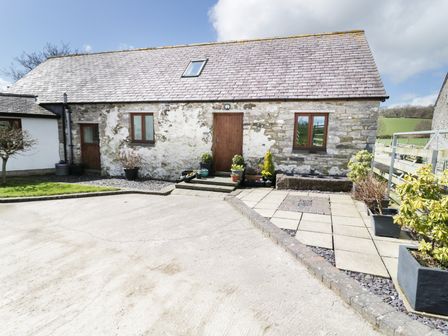 A stone cottage with a tiled roof and wooden door surrounded by plants at Tyddyn Isa in Groes near Denbigh