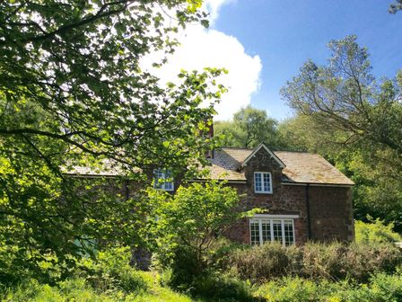 A stone house surrounded by trees and bushes at Heyden Cottage in Bratton near Minehead