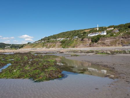 A rocky beach with green algae and houses on a cliff at The Captains House in Downderry