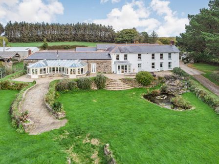 A farmhouse with a glass conservatory patio stone steps green lawn and pond at Tregoninny Vineyard and Woodland Farmhouse in Tresillian