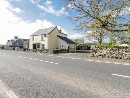 A cottage with a stone wall and large trees beside a paved road at 5 Ceirnioge Cottages in Pentrefoelas