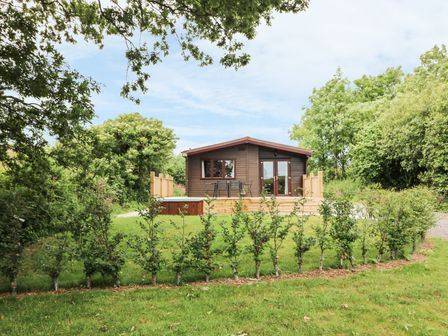 A wooden lodge with a small deck and outdoor table and chairs surrounded by trees and grass at Oak Lodge in Constantine near Falmouth
