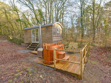 A wooden shepherds hut with a deck featuring two chairs and a wooden hot tub in a forest setting at Rock View Shepherd's Hut in Gulworthy near Tavistock