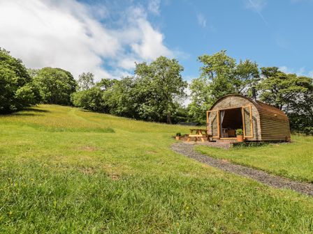 A grassy field with a path leading to a small cabin and picnic table surrounded by trees at Dingle Den in Craswall