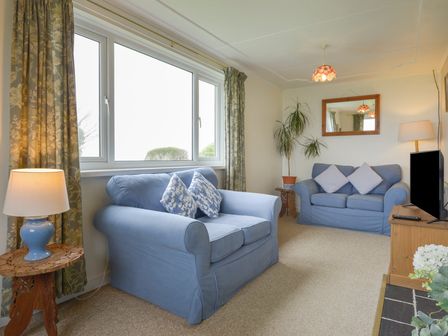 A living room with two blue sofas two table lamps a wooden side table a plant a wall mirror and a television at The Quillet in Pendeen