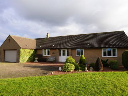 A single-story brick house with a tiled roof lawn and bushes in front at Holly Edge in Moorsholm