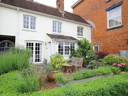 A garden with plants wooden bench and a white house with multiple windows at The Mews Cottage in Tisbury