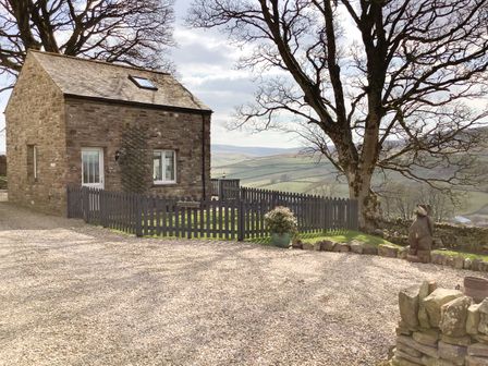 A small stone cottage with a fenced yard beside a large tree and gravel driveway at Byre Cottage in Garrigill