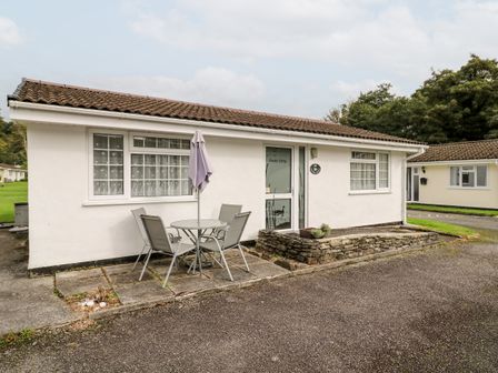 A single story white building with two windows a glass door and an outdoor table with four chairs and an umbrella at Ducks Ditty in Liskeard
