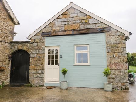 Stone building with light blue siding door and window with two potted plants outside at Wagtail Nest Northfield Cottage Scalby