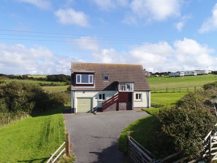 A detached house with a garage and driveway surrounded by green fields and bushes at Primrose Cottage in Newgale