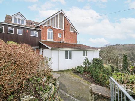 An outdoor view of a house with a pathway and vegetation at 1 Hazeldene in Salcombe