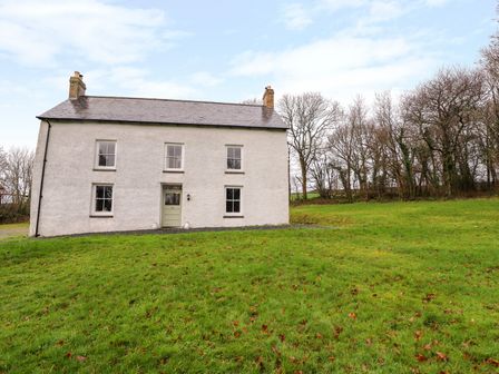 A white house with four windows and a door on a grassy lawn near trees at Llwyncadfor Farm in Newcastle Emlyn