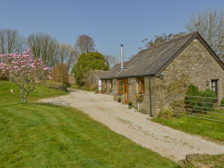 A stone cottage with a gravel driveway and a flowering tree at Hook Cottage in Pelynt near Looe