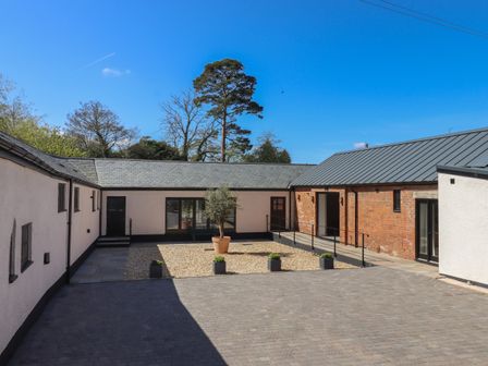 A courtyard with gravel area and potted tree surrounded by white and brick buildings at Lower Marsh Barns in Ottery St Mary