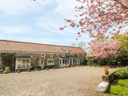 A stone building with a tiled roof and multiple windows surrounded by flowering trees and a gravel driveway at Magpie Cottage in Morpeth