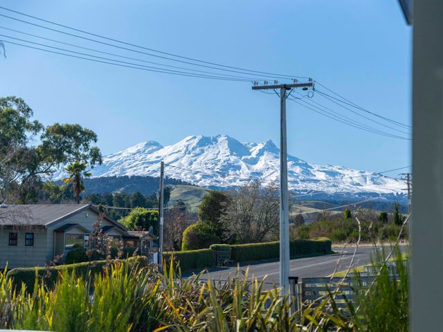 A view of a snow-capped mountain with trees and a house at Ohakune