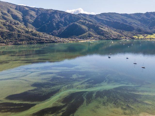 A view of water and boats near mountains at Koraha Serenity - Linkwater Holiday Home Marlborough