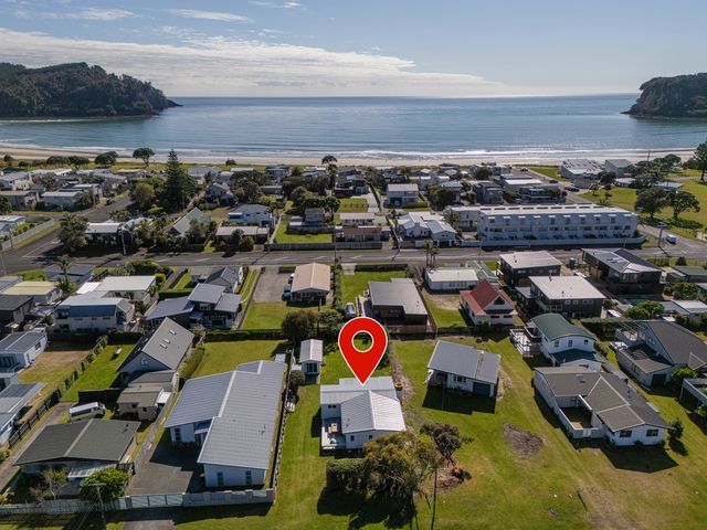Aerial view of houses near the beach at Whangamata