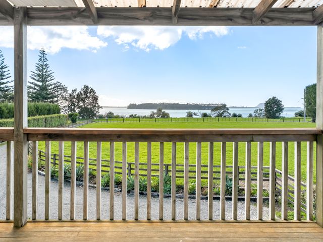 A view from a deck showing grass and water at Bayview Cottage - Whakamarama