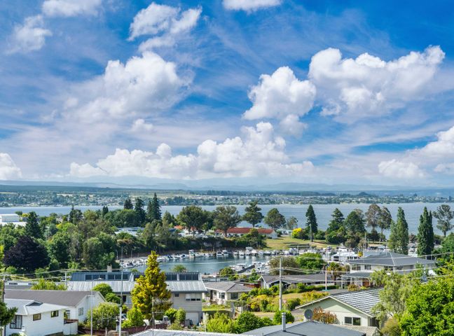 A view of a residential area with houses trees a marina with boats and a body of water under a blue sky with clouds at Ngaio Views - Lake Taupo Holiday Home in Lake Taupo