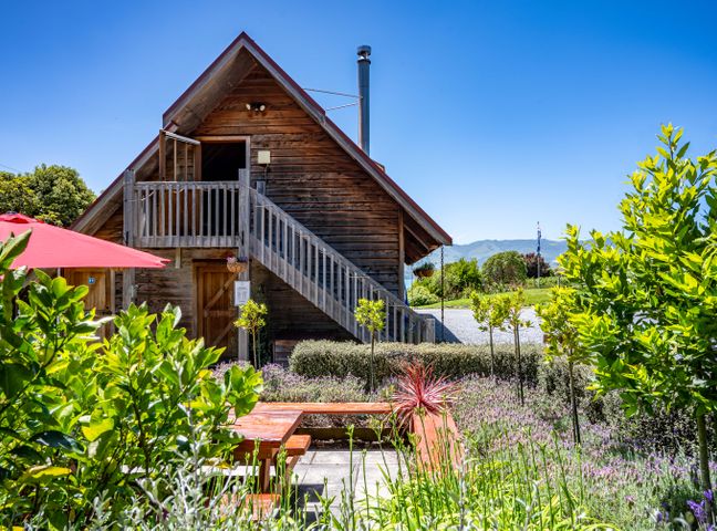 A wooden cabin with an outdoor staircase surrounded by greenery and a picnic table with a red umbrella at French Peak Loft French Farm Holiday Home in French Farm