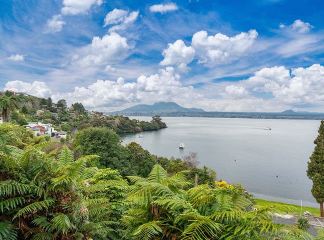 A view of a lake with surrounding trees and mountains at Serenity Above the Lake - Acacia Bay Holiday Home