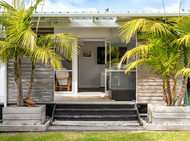 An outdoor area with palm trees and a view of the entrance at Slice of paradise - Whangamata Holiday Home Whangamata