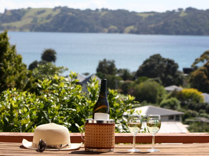 Tin Boat Bach - Onetangi Beach Holiday Home - Outdoor Living with Views	