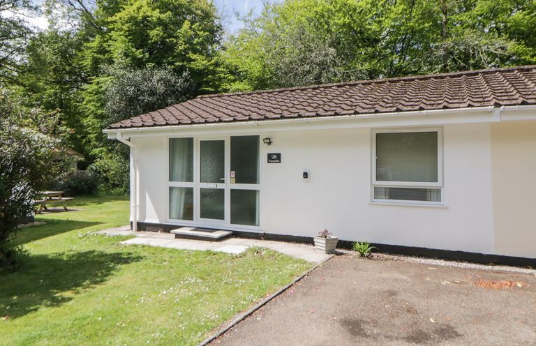 A single story house with a tiled roof a glass front door and a window surrounded by trees and grass at Tranquillity Rosecraddoc Lodge near Liskeard