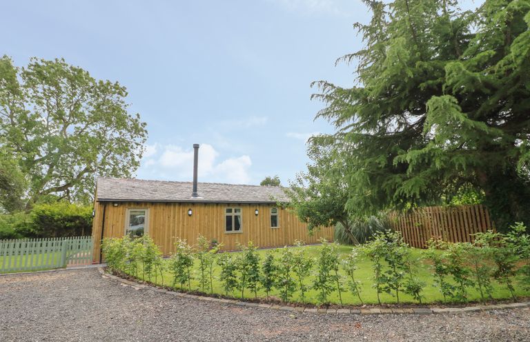 A wooden building with windows and a chimney surrounded by grass trees and a gravel driveway at The Hen House in Stockwell Heath near Rugeley