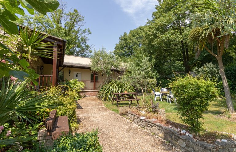 An outdoor garden area with a gravel path picnic table plastic chairs and trees at Riverhouse Lodge in Upwey