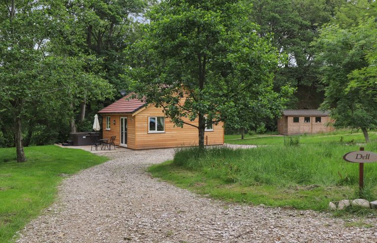 A small wooden cabin with a patio table and chairs on a gravel driveway surrounded by trees and grass at Park Brook Dell in Scorton