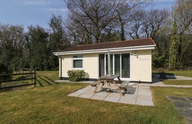 A small single-story house with a patio table and umbrella on a grassy lawn surrounded by trees at Ballasalla in Liskeard