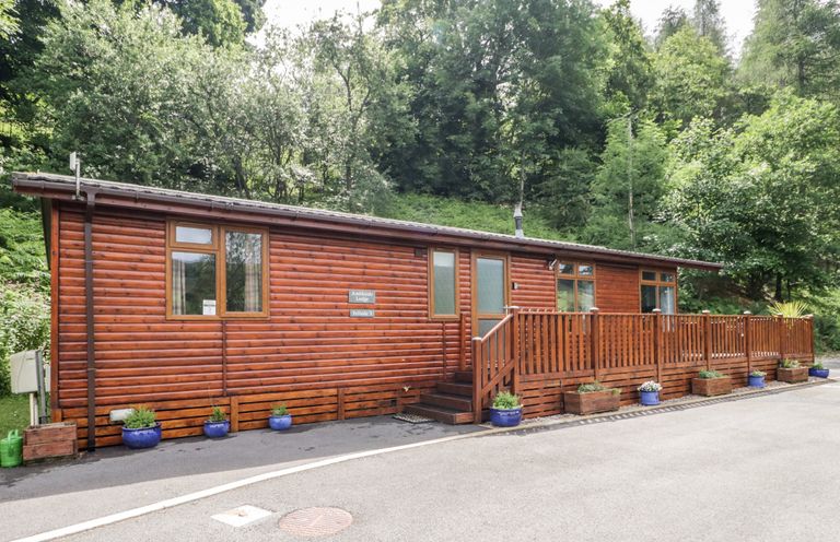 A wooden lodge with a front porch and potted plants along the base surrounded by trees at Ambleside Lodge Fellside 3 Limefitt Park near Windermere