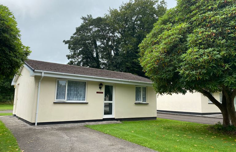 A single-story house with two windows and a glass door near a large tree and a driveway at Lands End in Liskeard near St Cleer