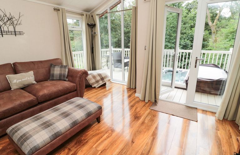 A living room with a brown sofa and plaid ottoman next to glass doors leading to a balcony with outdoor chairs and a hot tub at Number 43 Burnside Lodge in Felton