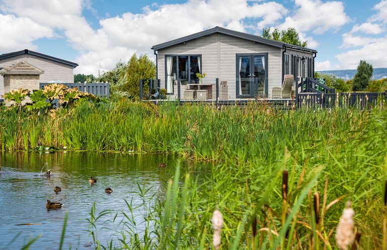 A house with a deck and outdoor furniture near a pond with ducks at Number 8 Lakes View in Brean