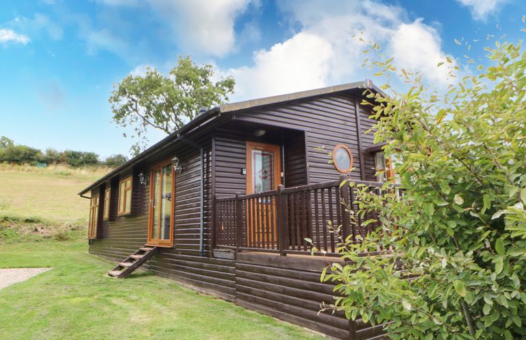 An exterior view of a dark wooden cabin with a small porch and wooden railing surrounded by grass and bushes at Badgers Retreat in Tunstall near Hipswell