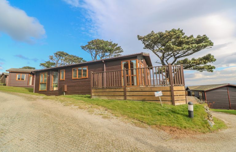 A wooden lodge with a fenced deck and trees in the background at Lodge 23 in Torpoint