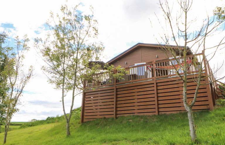 A wooden cabin with a deck and railing on a grassy hill with several small trees at Rashierigg in Catterick North Yorkshire