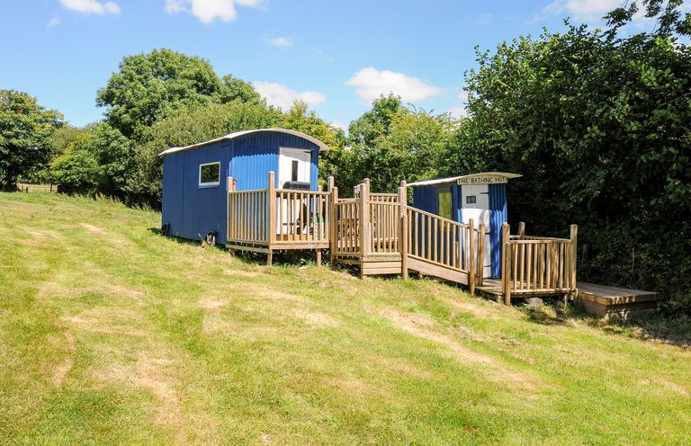 A blue shepherds hut with a wooden deck and ramp on a grassy hill surrounded by trees at Shepherds Hut in Boconnoc near Lostwithiel