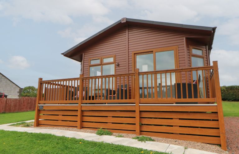 A wooden cabin with large windows and a wooden deck in a grassy area at Mildred's Lodge in Felton