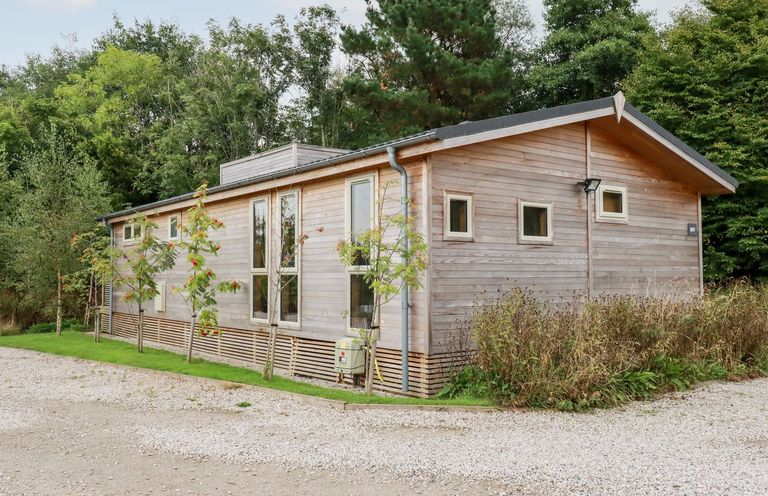 A wooden single-story building surrounded by trees and gravel path at 9 Meadow Retreat in Dobwalls