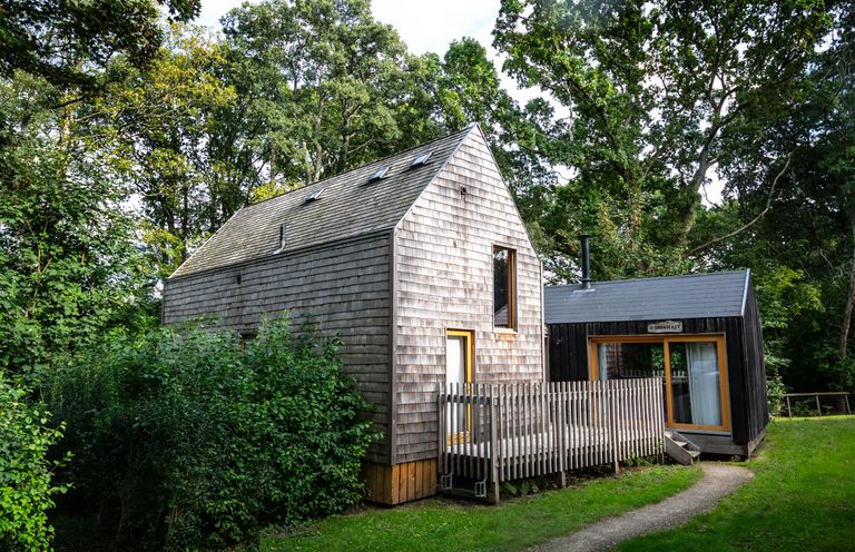 Two wooden houses with pitched roofs surrounded by trees and greenery at Lodge 6 in Corfe Castle
