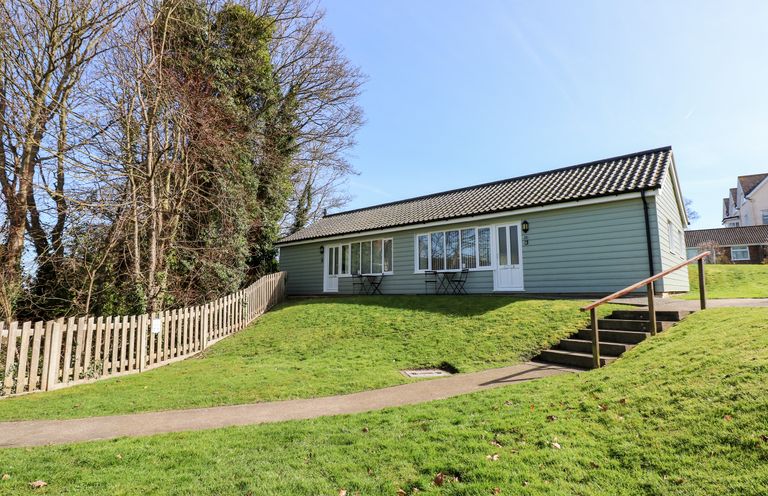 A single story house with a tiled roof and green siding on a grassy slope with steps and a wooden fence at 14 The Dell in Mundesley