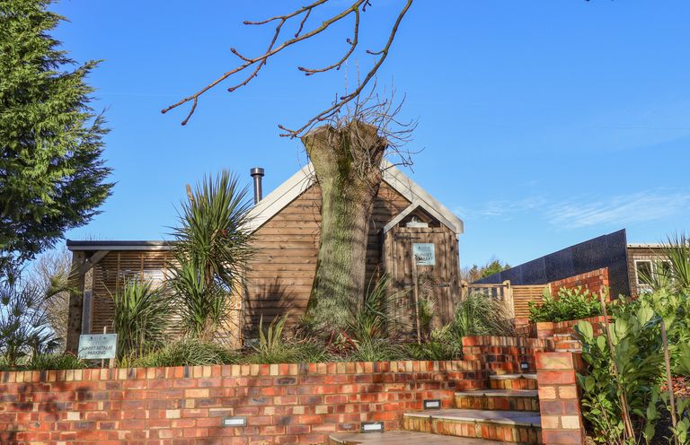 Exterior view of a wooden cabin with a tree stump in front and brick steps leading up to it at Sunset Retreat in Seamer North Yorkshire