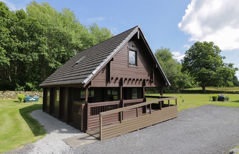 A wooden cabin with a sloped roof and surrounding grass and trees at Moyle Lodge in Dalbeattie